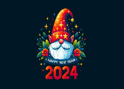 Nowy Rok, 2024, Życzenia, Kwiaty, Gwiazdki, Głowa, Mikołaj, Czarne, Tło