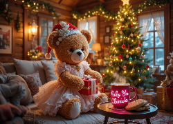 Miś, Sukienka, Prezent, Choinka, Boże Narodzenie, Grafika AI
