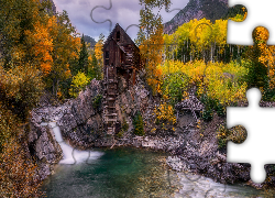 Młyn, Crystal Mill, Rzeka Crystal River, Jesień, Skały, Drzewa, Kolorado, Stany Zjednoczone