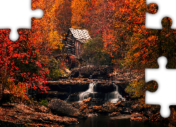 Jesień, Młyn, Glade Creek Grist Mill, Las, Drzewa, Rzeka, New River Gorge, Skały, Park Babcock State, Wirginia Zachodnia, Stany Zjednoczone