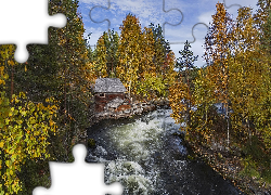Las, Drzewa, Rzeka, Młyn Myllykoski, Jesień, Park Narodowy Oulanka, Gmina Kuusamo, Laponia, Finlandia