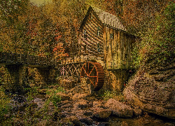 Jesień, Młyn, Glade Creek Grist Mill, Las, Drzewa, Skały, Park Babcock State, Wirginia Zachodnia, Stany Zjednoczone