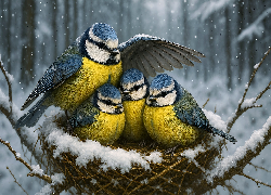 Zima, Ptaki, Sikorka, Modraszka zwyczajna, Gniazdo, Pisklęta