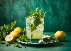 Koktajl alkoholowy, Mojito, Szklanka, Mięta, Kostki, Lodu, Taca, Cytryny, Zielone, Tło Alkohole