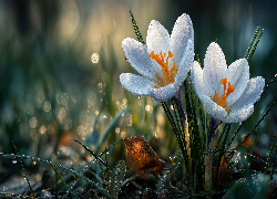 Białe, Krokusy, Kwiaty, Trawa, Krople, Grafika AI