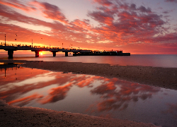 Molo, Plaża, Morze, Zachód słońca