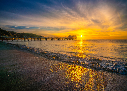 Wschód słońca, Morze, Molo, Plaża, Malibu, Kalifornia, Stany Zjednoczone