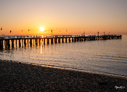 Zachód słońca, Morze Bałtyckie, Molo, Plaża, Gdynia, Polska