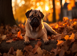 Pies, Mops, Drzewo, Liście, Jesień