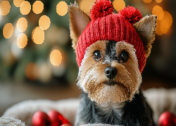 Pies, Yorkshire terrier, Czerwona, Czapka, AI