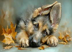 Owczarek niemiecki, Szczeniak, Pies, Suche, Liście, Grafika AI