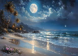 Morze, Plaża, Palmy, Noc, Księżyc