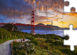 Stany Zjednoczone, Stan Kalifornia, San Francisco, Most Golden Gate Bridge, Cieśnina Golden Gate, Droga, Chmury, Zachód słońca
