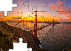Stany Zjednoczone, Stan Kalifornia, Skały, Most Golden Gate Bridge, Cieśnina Golden Gate, Zachód słońca