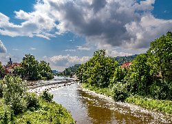 Rzeka, Most, Drzewa, Wzgórza