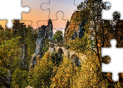 Park Narodowy Saskiej Szwajcarii, Formacja skalna Bastei, Most, Skały, Drzewa, Góry Połabskie, Niemcy