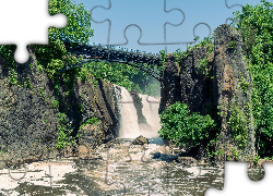 Most, Rzeka, Passaic River, Wodospad, Paterson Great Falls, Skały, Drzewa, Stan New Jersey, Stany Zjednoczone