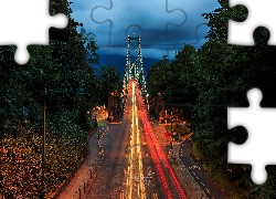 Most, Lions Gate Bridge, Noc, Światła, Drzewa, Vancouver, Kanada