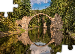 Kamienny, Most łukowy, Jezioro Rakotz, Niemcy, Saksonia, Park Rododendronów Kromlau, Odbicie