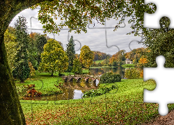 Park, Jesień, Drzewa, Jezioro, Kamienny, Most, Rezydencja, Stourhead House, Hrabstwo Wiltshire, Anglia