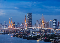 Tajlandia, Bangkok, Oświetlony, Most, Rzeka, Menam, Wieżowce, Statki, Zmierzch