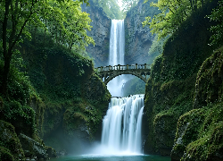 Wodospad, Most, Skały, Drzewa, AI