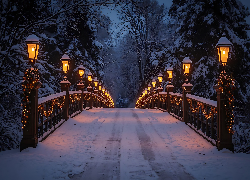 Zima, Most, Drzewa, Latarnie, Światełka