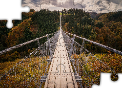 Jesień, Most wiszący Geierlay, Drzewa, Góry Hunsruck, Wzgórza, Sosberg, Nadrenia-Palatynat, Niemcy