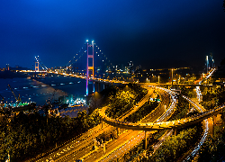 Chiny, Miasto, Hongkong, Most Tsing Ma, Droga, Światła, Noc Miasto nocą