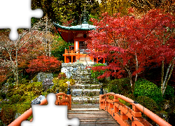Japonia, Kioto, Świątynia, Bentendo Temple, Kompleks Daigo-ji, Drzewa, Mostek, Jesień