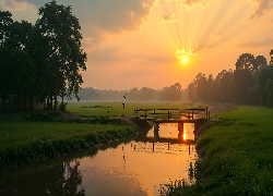 Rzeka, Most, Zachód słońca, Drzewa, AI
