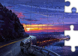 Grafika, Zachód słońca, Most, Motocykl