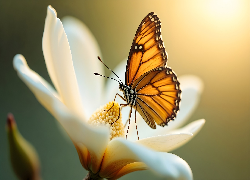 Motyl, Biały, Kwiat, Zbliżenie