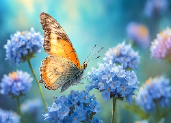 Motyl, Owad, Niebieskie, Kwiaty, Grafika