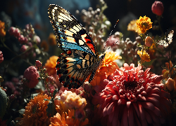 Kwiaty, Kolorowy, Motyl, Światło, Grafika