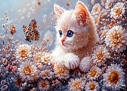 Kot, Kotek, Kwiaty, Motyle, Grafika AI