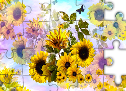 Żółte, Kwiaty, Słoneczniki, Motylek, Grafika