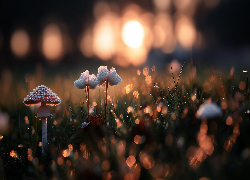 Grzyby, Muchomor, Bokeh, Trawa, Grafika AI