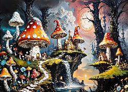 Fantasy, Las, Grzyby, Drzewa, Wodospad, Chmury, Ścieżka, Fantasy