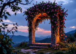 Murowany, Łuk, Różowe, Kwiaty, Rośliny, Góry