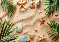 Piasek, Muszelki, Rozgwiazdy, Zielone, Liście