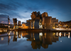 Hiszpania, Bilbao, Muzeum Guggenheima, Rzeka Nervion, Most, Światła, Noc