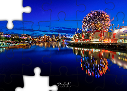 Kopuła, Muzeum Nauki, Science World at TELUS, Rzeka Fraser, Łódki, Oświetlone, Miasto nocą, Vancouver, Kanada