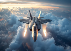 Samolot, Wojskowy, Myśliwiec, Chmury, Światła, Ai