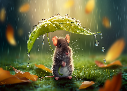 Myszka, Liść, Deszcz, Grafika AI