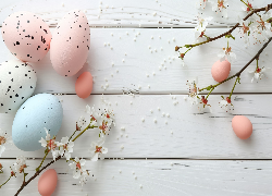 Wielkanoc, Nakrapiane, Jajka, Gałązki, Białe, Deski