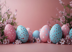 Wielkanoc, Niebieskie, Różowe, Pisanki, Różowe, Kwiaty