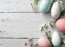 Wielkanoc, Kolorowe, Nakrapiane, Pisanki, Gałązki, Białe, Różowe, Kwiaty