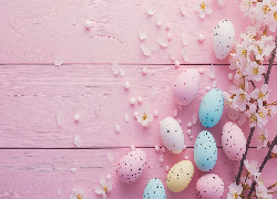 Wielkanoc, Kolorowe, Nakrapiane, Pisanki, Gałązki, Białe, Kwiaty, Różowe, Tło