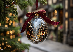 Boże Narodzenie, Bombka, Czerwona, Kokarda, Świerk, Grafika AI